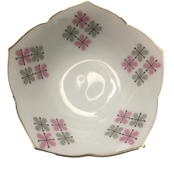 Vintage Bowl Porcelain Tulip Shape Trinket Dish Japan Atomic Flower Grey Pink - Picture 2 of 12